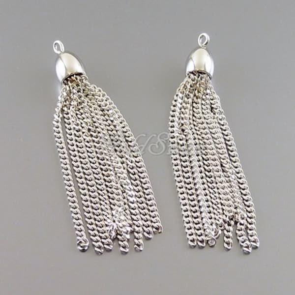 2 pcs shiny rhodium silver 40mm long 10-strand metal chain tassel, Bohemian tassels, chain tassels, earrings 2078-BR-40