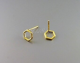 4 pieces / 2 pairs tiny 7mm honeycomb earring findings in shiny / polished gold finish, high quality plating 1074-BG-7
