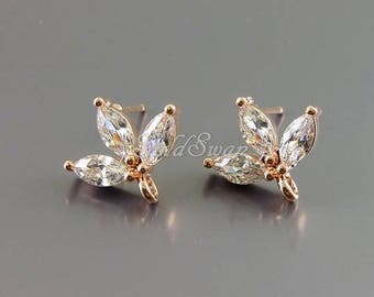 2 pieces / 1 pair rose gold 3-leaf sprout stud earrings, CZ flower earrings, Cubic Zirconia jewelry E1760-BRG earrings