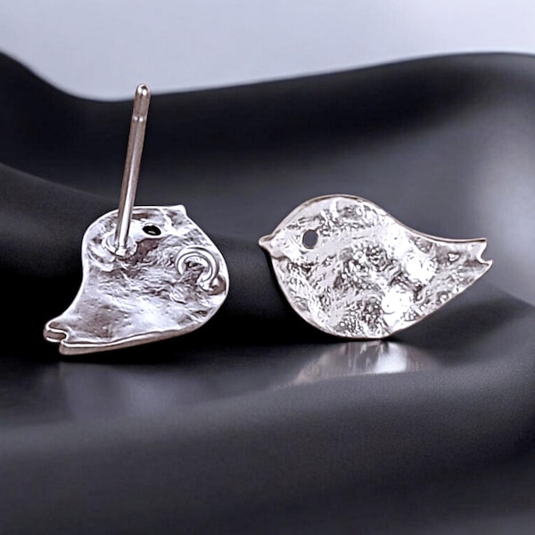 Matte Rhodium Bird Stud Earrings: Textured Baby Chick Jewelry