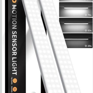 May include: Two white LED motion sensor lights with a black box. The box has the words "LED MOTION SENSOR LIGHT" in orange and white. The lights are dimmable and rechargeable. The image also shows the light levels at 100%, 75%, 50%, and 25%.