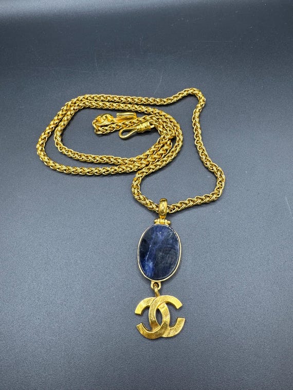 Vintage CHANEL 95A Pendant Necklace, Gold Plated, Blue Cabochon Stone, Large CC Logo, Collector Piece