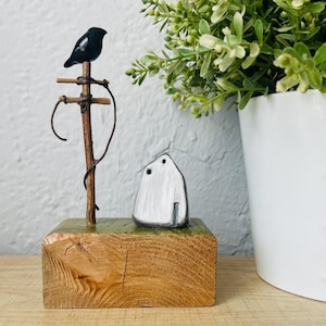 Clay Sculpture Folk Art House with Crow on Pole