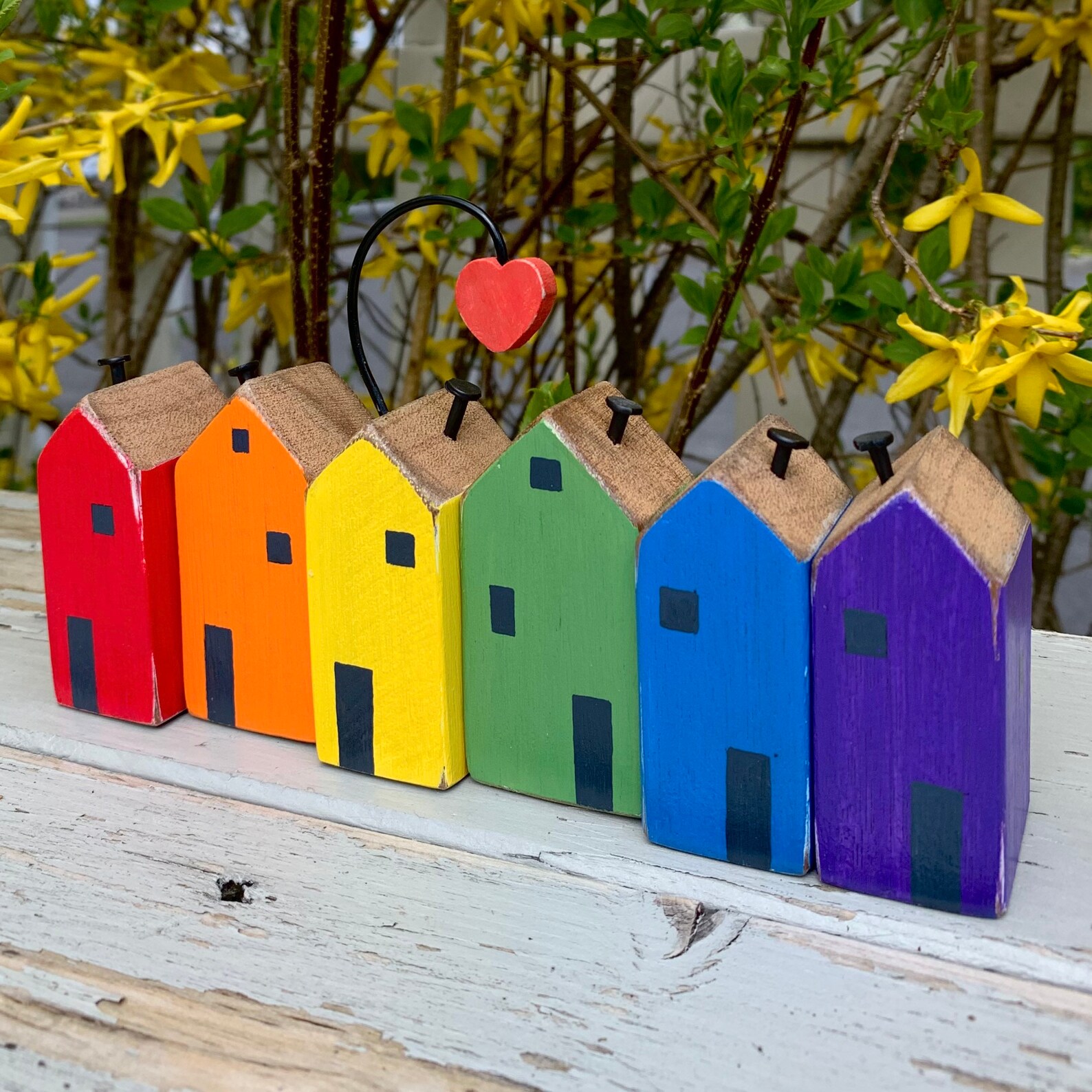 Little Folk Art Rainbow Wood Block House Set Painted Houses Etsy
