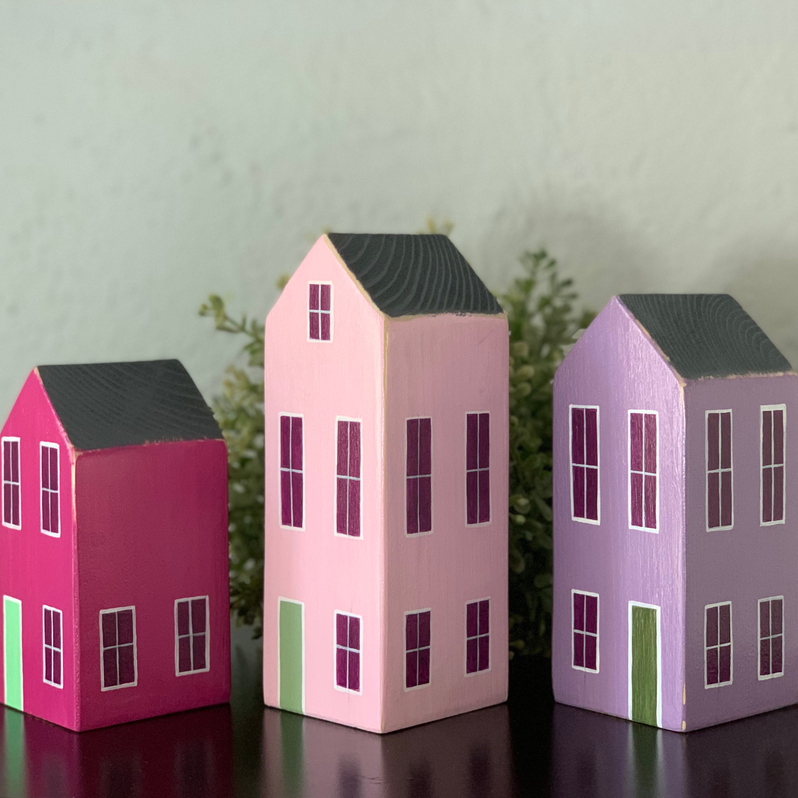 Hand Painted Wood Block House Small Pink Blossom Etsy