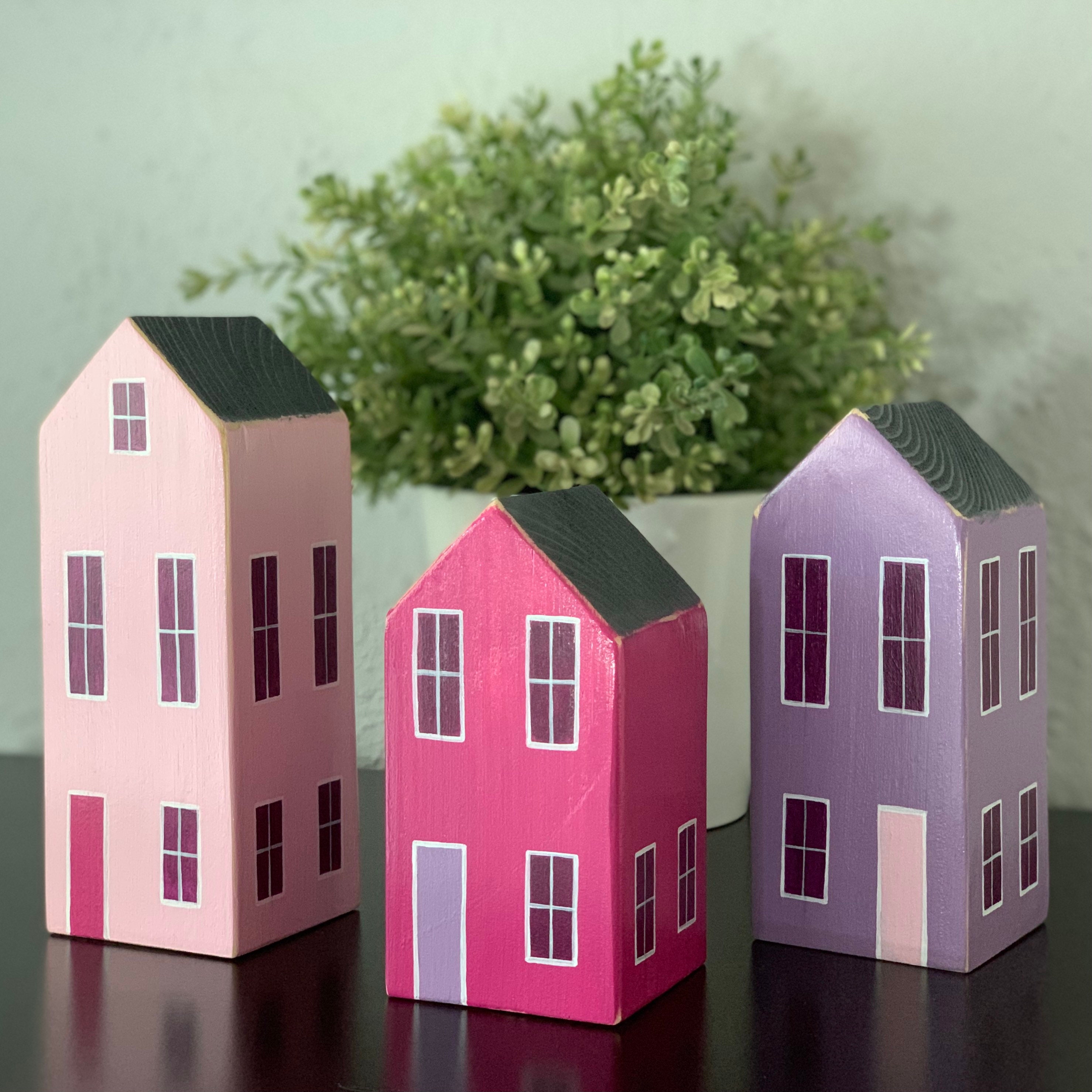 Hand Painted Wood Block House Small Pink Blossom Etsy
