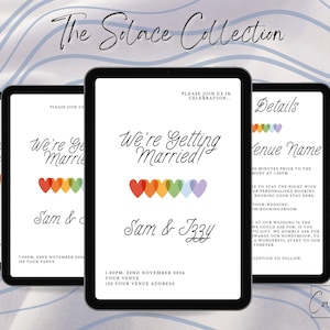 Set di inviti per matrimonio LGBTQ+ / Collezione Solace / Save the Date, inviti, RSVP e biglietti di auguri / Cancelleria digitale personalizzata