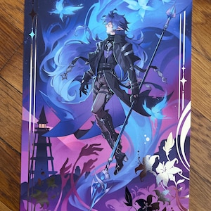 May include: A rectangular art print featuring a stylized character with dark hair and pointed ears, wearing a black coat and holding a long spear. The background displays blue glowing butterflies, a lighthouse silhouette, and purple lilies.