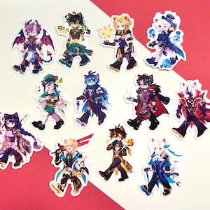 Puede incluir: Una colección de pegatinas de personajes de estilo anime coloridas. Cada pegatina presenta un diseño de personaje único con atuendos, accesorios y expresiones detalladas. Las pegatinas están sobre un fondo rojo y blanco.