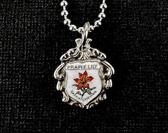 Prairie Lily Saskatchewan Canada - Enamel Travel Charm Necklace made from Vintage Collector Spoon - Silverplate