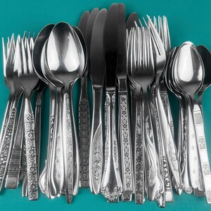 Retro 40 Pc Set - Mix n Match - Mid Century - 8 x 5 Piece Place Settings - Knives Forks Spoons - Vintage Stainless Flatware