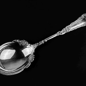 May include: A silver serving spoon with an ornate, detailed design. The spoon has a large, rounded bowl and a long, slender handle.