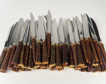 Mix 'n Match Bulk Lot 50 x Steak Dinner Knives - Vintage Bakelite Style Plastic Handles Stainless Blades - Faux Antler - Reduced