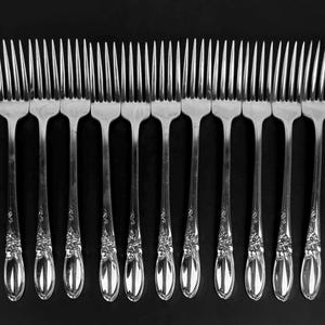 May include: A set of 16 silver forks with ornate handles. The forks are arranged in a row, points facing forward.