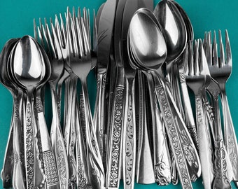 Retro 40 Pc Set - Stainless Flatware - 8 x 5 Piece Place Settings - Mid Century - Mix 'n Match - Vintage Knives Forks Spoons