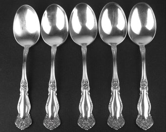 5 Antique Soup Place Dessert Spoons 1908 Arbutus Pattern made by Wm Rogers Oneida Vintage Silverplate Set