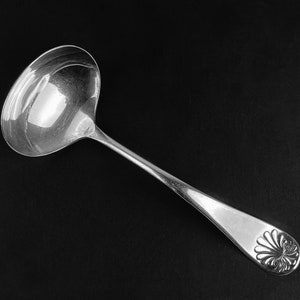 May include: A silver ladle with a decorative floral design on the handle.
