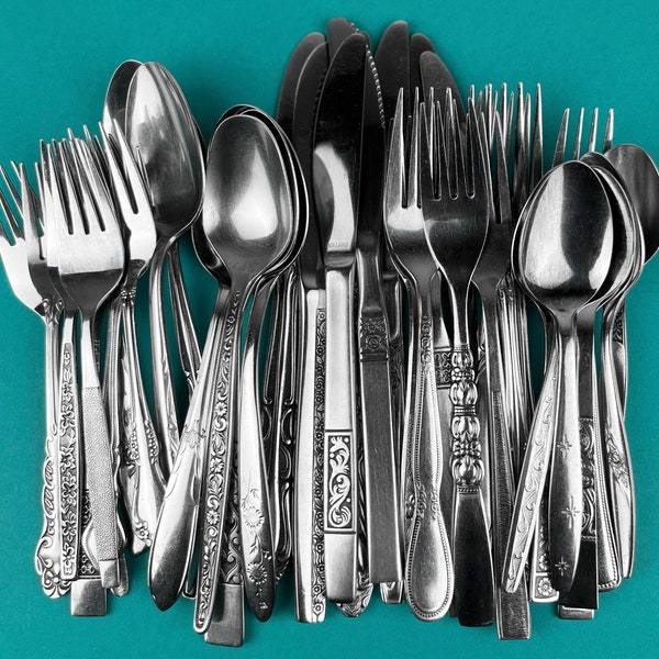 Retro 40 Pc Set - Mix n Match - Mid Century - 8 x 5 Piece Place Settings - Knives Forks Spoons - Vintage Stainless Flatware