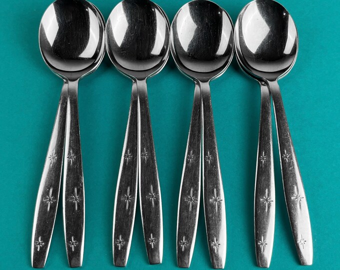 Set 8 X Gumbo Soup Spoons Retro Atomic Star Style Pattern Stainless