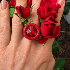 Könnte beinhalten: Ein Ring mit einem kreisförmigen roten Rahmen, der einen facettierten, tiefroten Edelstein umschließt. Der Ring ist zwischen mehreren leuchtend roten Rosenblüten platziert und zeigt ein kräftiges, monochromatisches Farbschema.