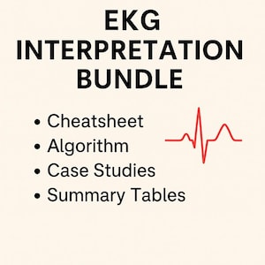 EKG-interpretatiebundel pdf en uitgebreid documentdocument: spiekbriefje, algoritme, casestudy's en overzichtstabellen voor studenten geneeskunde en verpleegkunde