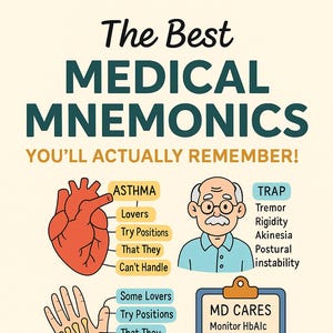 Puede incluir: Una guía PDF imprimible con mnemotecnias médicas para estudiantes. La guía presenta ilustraciones de un corazón, una mano y un hombre. Las mnemotecnias son "ASTHMA" para "Lovers, Try Positions, That They Can't Handle" y "TRAP" para "Tremor, Rigidity, Akinesia, Postural Instability".