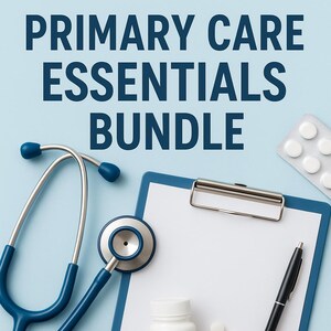 May include: A blue stethoscope, a white pill bottle, a blood glucose meter, a pen, a lancet, and a clipboard with a white sheet of paper. There are also several white, orange, and yellow pills on the blue surface. The text "PRIMARY CARE ESSENTIALS BUNDLE" is at the top of the image.