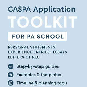 Może przedstawiać: Grafika w kolorze niebieskim i białym z tekstem "CASPA Application TOOLKIT FOR PA SCHOOL". Grafika zawiera listę następujących funkcji: Przewodniki krok po kroku, Przykłady i szablony, Harmonogram i narzędzia do planowania, Wskazówki ekspertów i porady. Grafika zawiera również tekst "DIGITAL DOWNLOAD".