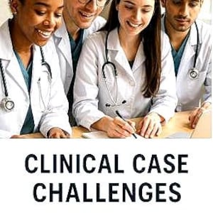 Puede incluir: Cuatro profesionales médicos con batas blancas y estetoscopios, sonriendo y mirando algo sobre una mesa. El texto "CLINICAL CASE CHALLENGES" se muestra debajo de la imagen, con el lema "work through real-world scenarios."