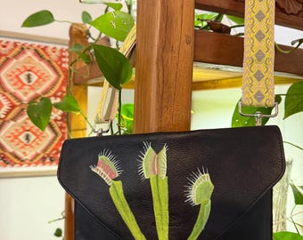 Venus flytrap vintage hand painted leather crossbody bag