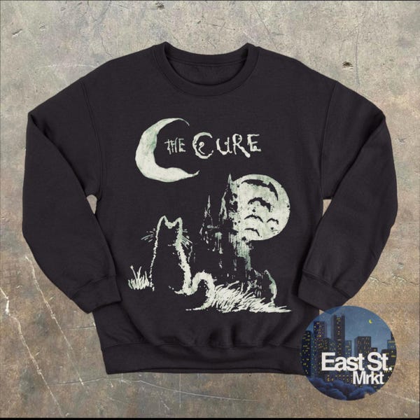 Felpa grafica The Cure Cat: maglione accogliente in stile vintage con musica