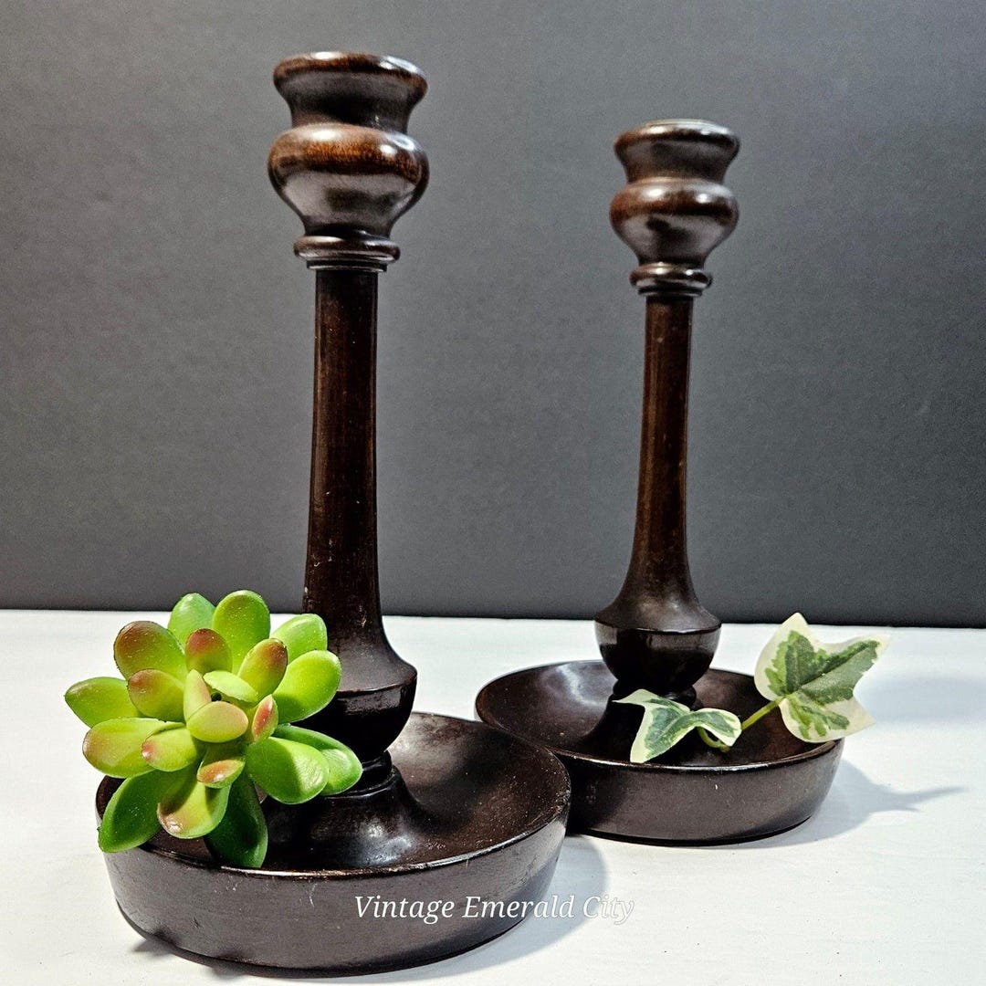 Vintage Turned Wood Candle Holders With Brass Inserts - Set of 2 - Etsy