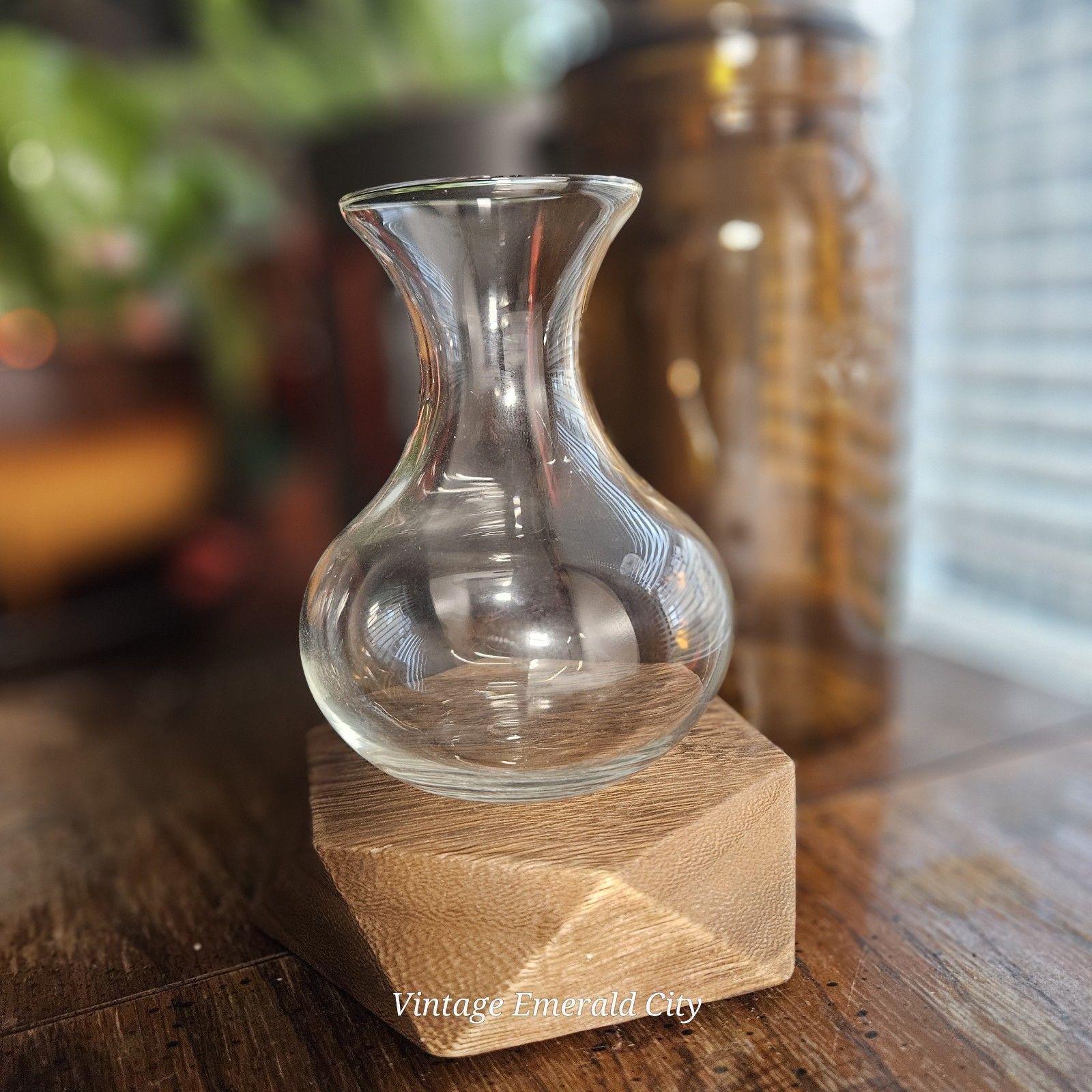 ヴィンテージ ミニガラス花瓶セット：溝付きトップ、幾何学模様の木製