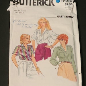 May include: A vintage Butterick sewing pattern envelope, featuring illustrations of women's blouses and shorts. The envelope is white with the Butterick logo, pattern number 4496, and size information. The words "FAST & EASY" are also visible.