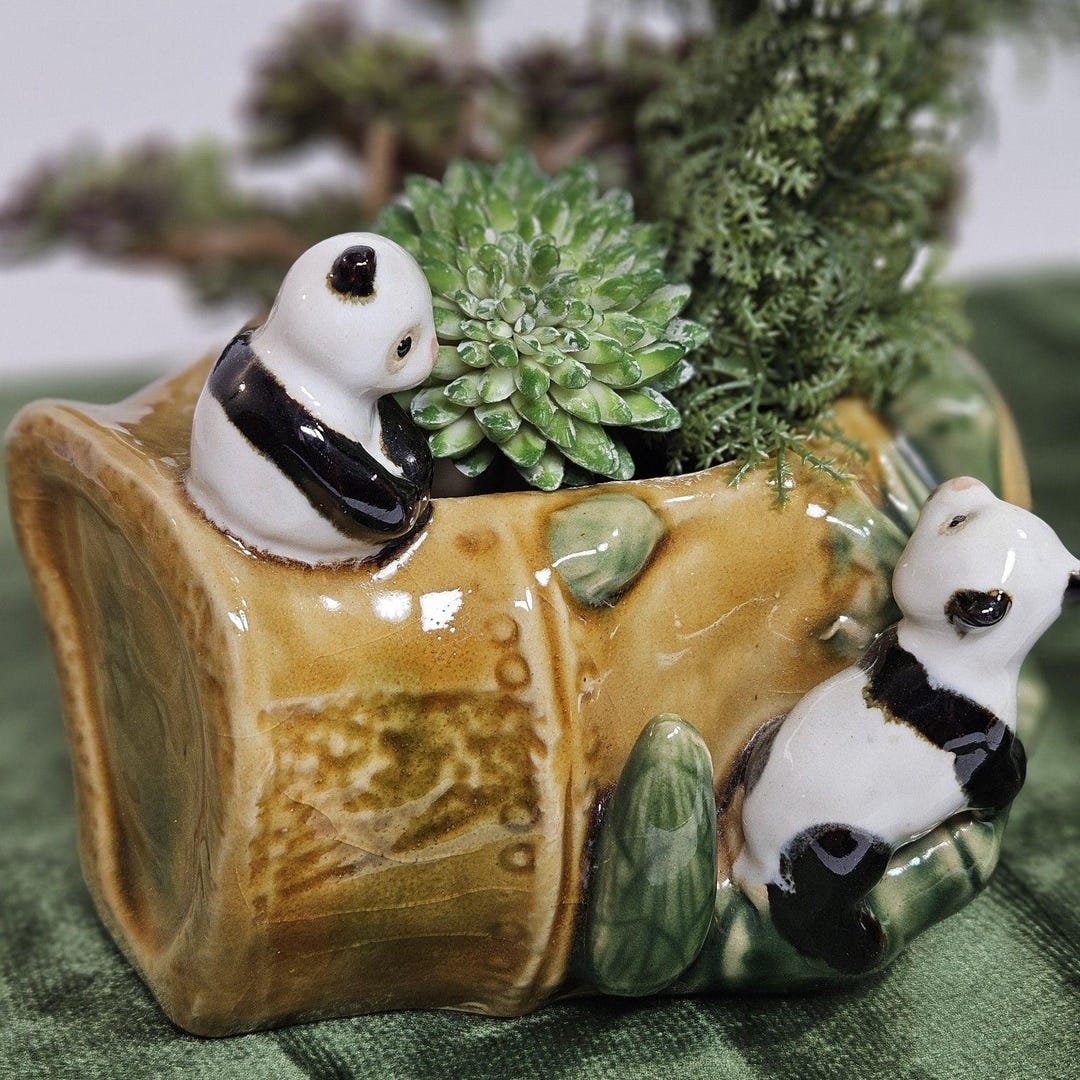 Vtg MCM Majolica Lucky Bamboo Log Pandas Green Pottery Planter ...