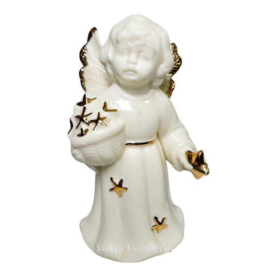 Vtg Porcelain Christmas Angel Bell Ornament Gold Trim & Star