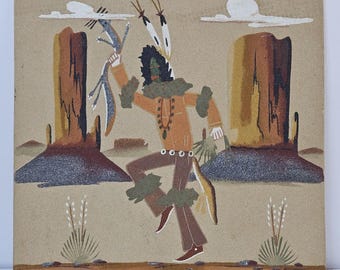 Vintage handgefertigte Navajo-Sandkunst, indianische Wandkunst, 13 Zoll, Zeremonientänzerin, Lesen