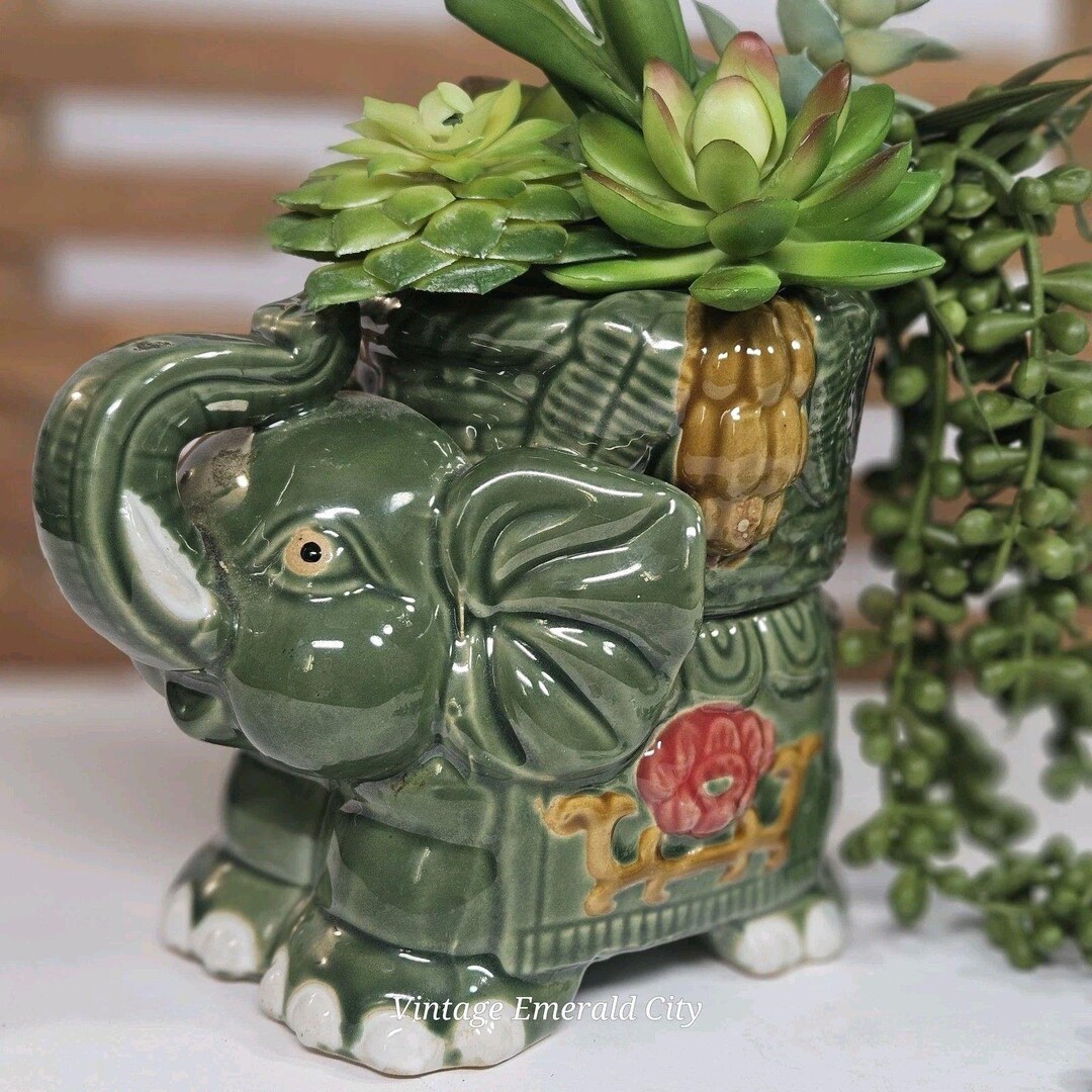 Vtg Green Lucky Trunk up 3D Elephant Ceramic Planter Pot Bamboo ...