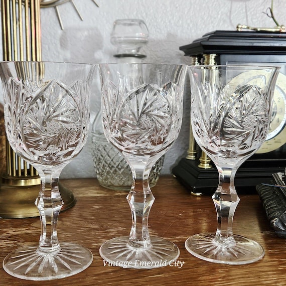 Vintage American Cut Crystal Wine Goblets: Star & Fan Pattern, Set of 3