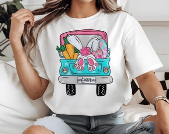 Akvarell flickaktigt kokett påskhare bil PNG, lastbil rosa kanin, alla hjärtans dag-present, preppy påsk, rosett, sublimering, PNG, PDF