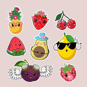 Summer Cute Fruit Stickers, Watermelon, Lemon, Avocado, Pineapple, Strawberry, Raspberry, PNG, Digital Download