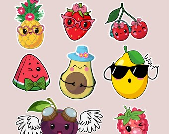Sommar söta fruktklistermärken, vattenmelon, citron, avokado, ananas, jordgubb, hallon, PNG, digital nedladdning