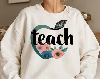 Retro Teach Png, Sublimation Design, Floral Teacher Png, Boho Sublimation, Apple Png, School Png, Shirt Design, Instant Download Png