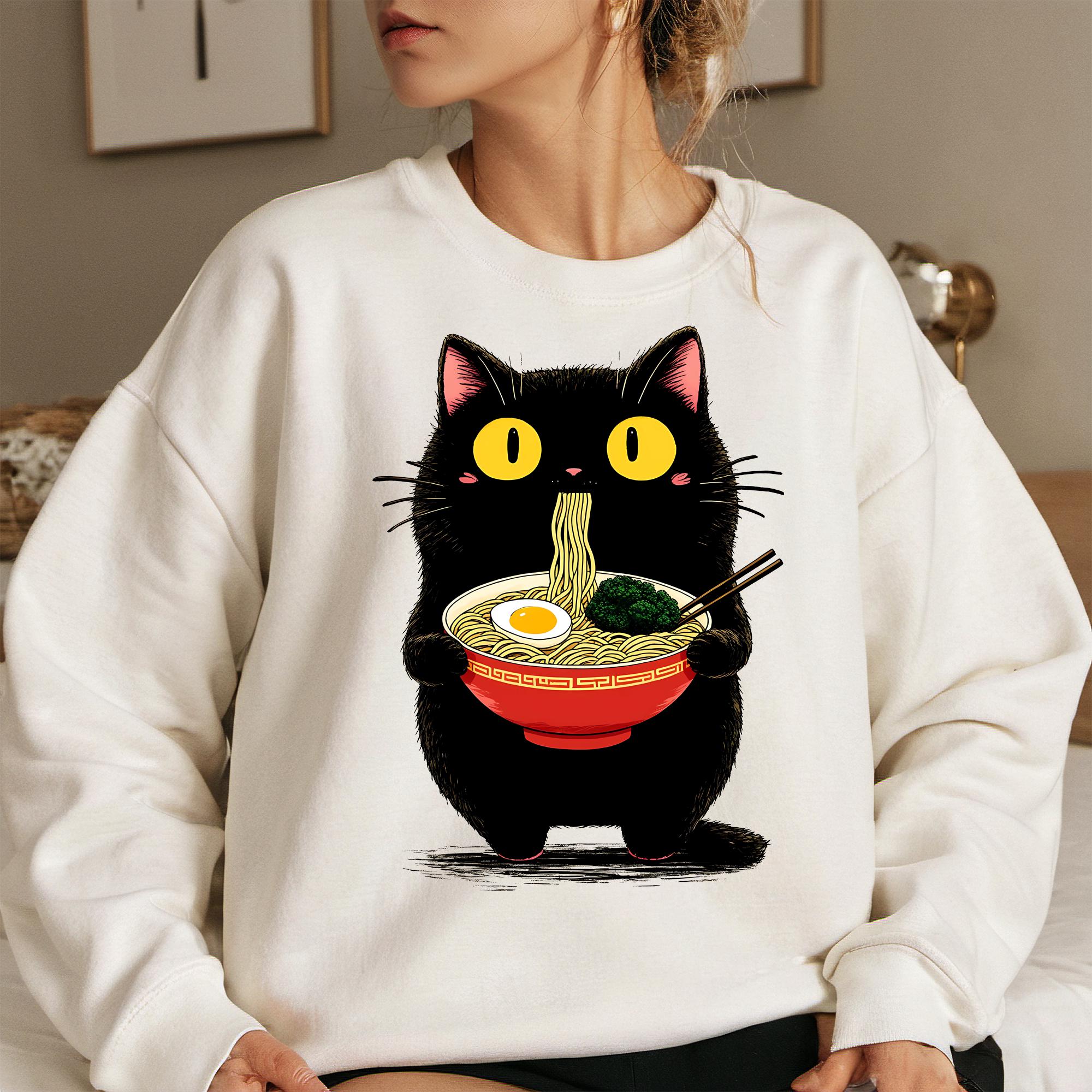 Japandi Noodle Cat Shirt PNG, Ramen Cat T-Shirt, Foodie Lover Png, Black Cat Noodle T-Shirts, Retro Cat Tees, Cat Lover Gift, Black Cat Tee