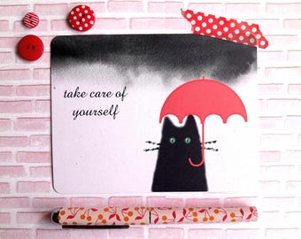Carte Prends soin de toi  , carte postale santé mentale , carte chat mignon sous un parapluie , sous un ciel d'orage .