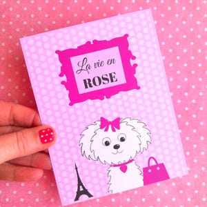 Carte " La vie en rose " , expression française , carte postale chien mignon .