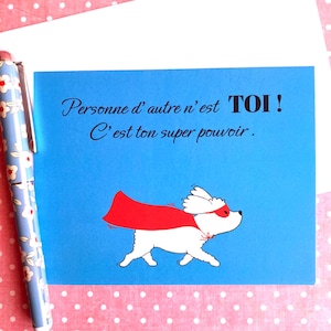 Nessun altro è la TUA carta, è il tuo superpotere! , cartolina con pensiero positivo, simpatico biglietto con cane e mantello.