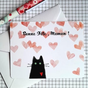 Carte Bonne Fête Maman chat mignon , carte fête des mères pour amoureuse des chats , carte postale fête des mamans chat noir .