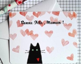 Carte Bonne Fête Maman chat mignon , carte fête des mères pour amoureuse des chats , carte postale fête des mamans chat noir .