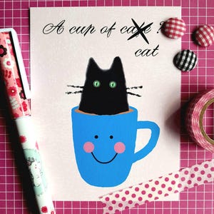 Carte A cup of cat , carte chat dans une tasse de café , carte postale chat et mug kawaii .